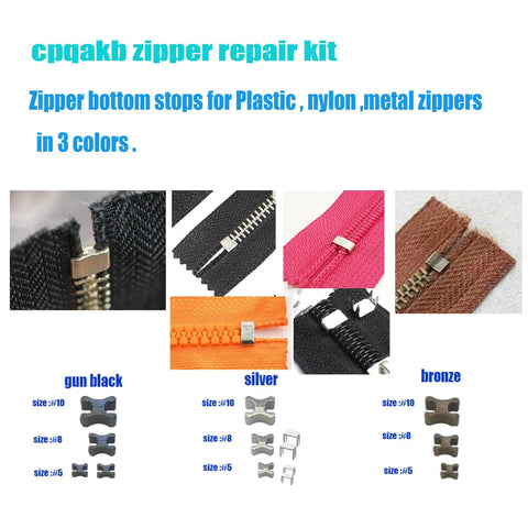 52 Piece Zipper Repair Kit With Metal Head Sliders Retainers And Insertion Pins In 3 Colors And 3 Sizes Includes Stops Bottoms And U Shape Pieces For Size 10 8 5 Zippers Easy Diy Fix For Stuck Or Broken Zippers displayed with zipper components in gun black, silver, and bronze on various fabric colors.