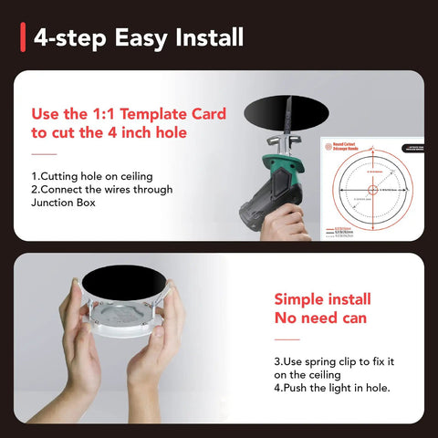 4-step easy install for 12 Pack 4 Inch Canless LED Recessed Lights With Junction Box showing cutting and inserting light into ceiling