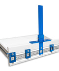 No Sweat Cabinet Hardware Jig With Quick Release Drill Guide Block for Drawer Pulls, blue alignment tool with measuring scale.