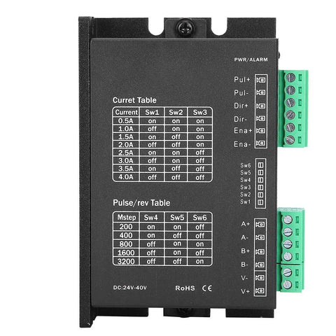 Stepper motor driver module, black rectangular enclosure with green terminal blocks on the right, front view