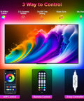 RGB TV Backlight Strip Lights For 45 To 60 Inch TVs, 13.1ft Long, Music Sync With Bluetooth App Control, USB Powered LED Light Strip, 5050 LEDs, Color Changing Ambient Mood Lighting For Bedroom And Living Room with app, remote, and manual control options.