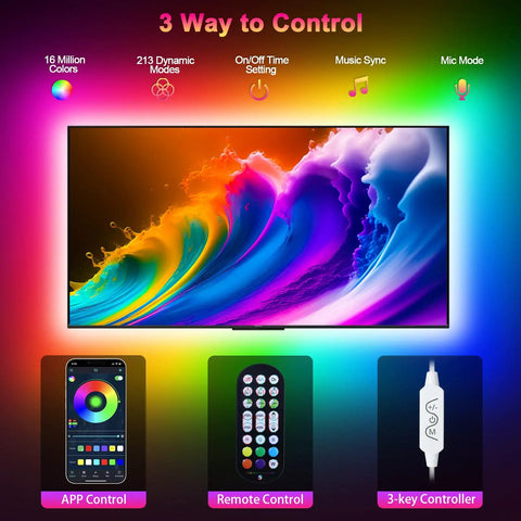 RGB TV Backlight Strip Lights For 45 To 60 Inch TVs, 13.1ft Long, Music Sync With Bluetooth App Control, USB Powered LED Light Strip, 5050 LEDs, Color Changing Ambient Mood Lighting For Bedroom And Living Room with app, remote, and manual control options.