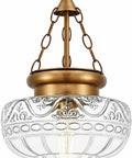 Straight Up Vintage Vibes Handblown Textured Glass Pendant Light With Brushed Antique Brass Finish, 9.45 inches wide
