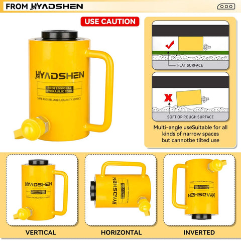 HYADSHEN 30T hydraulic jack with 4-inch stroke; yellow body, black top, side handle (front view).