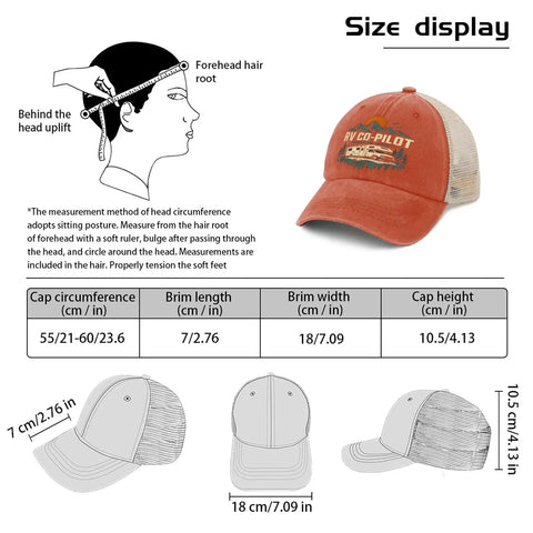 Saffron Go-To Outdoor Baseball Hat For RV Lovers And Camper Road Trips With Adjustable Back Strap shown with size details