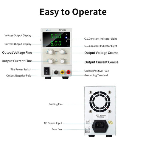Variable DC Power Supply 60V 5A Bench Lab Power Supply With 3 Digit LED Display showing front LED and back cooling fan