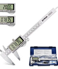 Digital Caliper 6 Inch Stainless Steel Electronic Calipers With Large LCD Display Inch To Millimeter Conversion Auto Off High Precision Measuring Tool For Accurate 0 To 150mm Readings Ideal For Diyers And Pros showing LCD screen readings and storage case