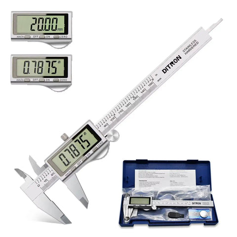 Digital Caliper 6 Inch Stainless Steel Electronic Calipers With Large LCD Display Inch To Millimeter Conversion Auto Off High Precision Measuring Tool For Accurate 0 To 150mm Readings Ideal For Diyers And Pros showing LCD screen readings and storage case