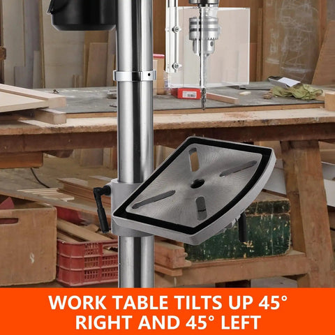 Worktable tilts 45 degrees on Beefy 13 Inch Floor Drill Press With 7.5 Amp 120V Pure Copper Motor, Variable Speed From 288 To 3084 RPM