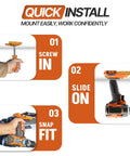 Installation steps for Cordless Tool Organizer Mounts Pack Of 3 For 18V To 20V RIDGID Tools, showing screwing, sliding, and snapping.