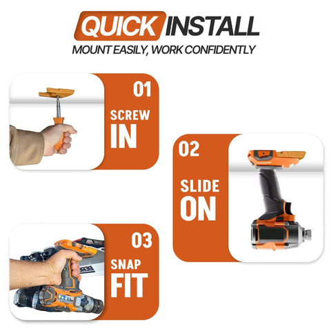 Installation steps for Cordless Tool Organizer Mounts Pack Of 3 For 18V To 20V RIDGID Tools, showing screwing, sliding, and snapping.
