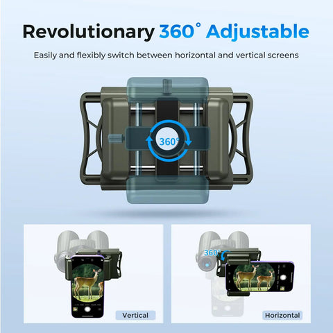 360 Degree Rotatable Telescope Phone Adapter for Android and iPhone Easy-to-Use Smartphone Holder Mount in vertical and horizontal views