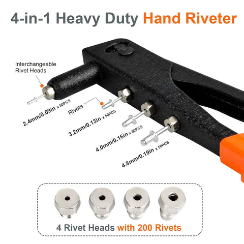 Manual Pop Rivet Gun Kit With 4 Replaceable Nosepieces And 200 Rivets Ergonomic Handle with interchangeable rivet heads