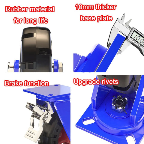 Set Of 2 Heavy Duty Solid Rubber Wheels With Puncture Proof Coating And 360 Degree Swivel For Toolboxes and Gear Haulers Built Different With Rock Solid Steel Cores That Roll Quiet And Stress Free All Day Long, showcasing rubber material and brake mechanism.