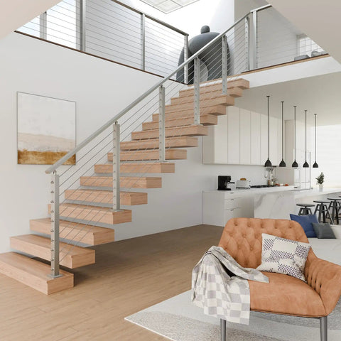 Top Shelf 20 Pack 1/8 Inch Invisible Cable Railing Kit Crafted From T316 Stainless Steel Rock Solid Fittings overlooking modern staircase.