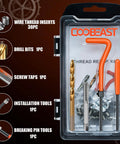 Coobeast thread repair kit, front view in plastic carry case with 30 stainless inserts, HSS drill bit, taps, installation tools (M6x1.0)