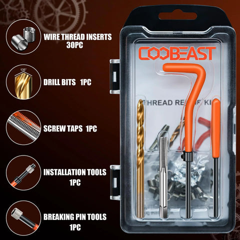 Coobeast thread repair kit, front view in plastic carry case with 30 stainless inserts, HSS drill bit, taps, installation tools (M6x1.0)