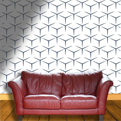 Solid Choice Thick Textured Vinyl Wallpaper Roll No Sweat Peel And Stick Wall Covering Durable Self Adhesive Home Decor Sheet with geometric design behind a red leather couch.