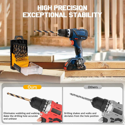 Twenty Five Piece Brad Point Drill Bit Set With Titanium Coated HSS Pro Grade Full Ground Wood Bits For Hardwood And Softwood In 1 To 13 Millimeter Sizes In Half Millimeter Steps With Durable Storage Case shown with a drill and storage box