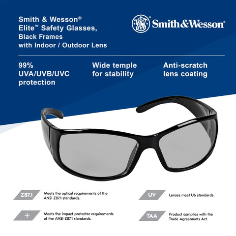 Elite Safety Glasses With Indoor Outdoor Lenses Black Frame Unisex For Men And Women 12 Pack 99.9 UVA UVB UVC Protection Lightweight Shooting Sunglasses For Work Range