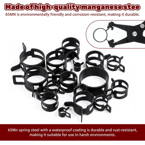Get Your Hands on This Awesome 131 Piece Assortment Kit With 16 Radiator Hose Clamp Sizes For Tightening Air Tubes And Fuel Lines Like A Pro During Auto Repair Or Home Plumbing Jobs Without Breaking The Bank, 65Mn steel clamps