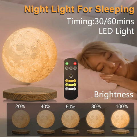 Dope Levitating Moon Lamp With Magnetic Floating Base, 3 Color Modes, 6 Inch Desk Light, remote and brightness options shown.