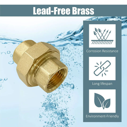 Beefy Brass Pipe Fitting Union Adapter 1/2 Inch NPT Female To 1/2 Inch NPT Female 2 Pack Heavy Duty No Fuss Corrosion Resistant High Strength Threads Easy Install Plumbing Coupling, lead-free brass fitting shown