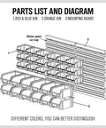 Diagram of 30 Bin Wall Mounted Storage Rack System For Heavy Duty Garage Organization With Pegboard Panels showing labeled parts