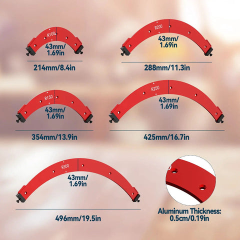 Hella Precise Pro Grade Aluminum Router Corner Radius Template Set with five sizes for seamless cabinet edge molding.