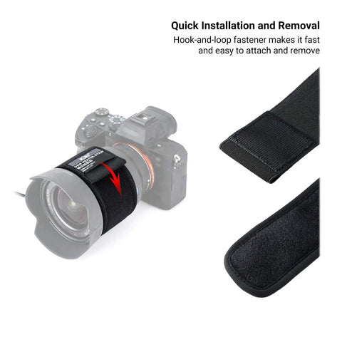 Lens Heater And Warmer Strip with Temperature Regulator for Telescopes and DSLR Lenses shown on camera and hook-and-loop fastener