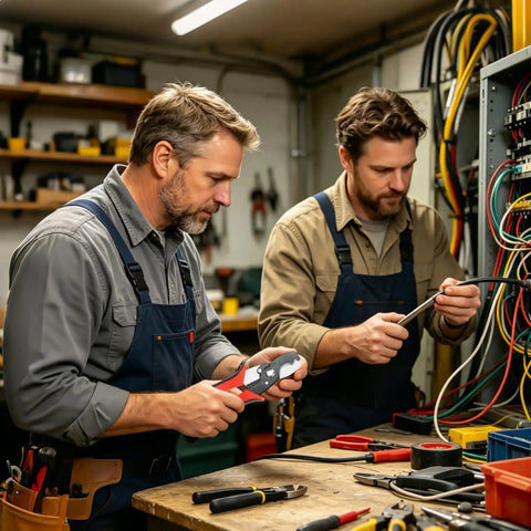 Two workers using Premium 8-Inch Wire Cutter And Stripper Tools With Ergonomic Spring Loaded Handles on electrical renovations.