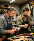 Two men using the Top Rated 8 Inch Electric Wire Stripper Heavy Duty Cable Cutting Tool in a workshop, focused on electrical work.