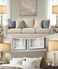 Living room and bedroom setup with farmhouse table lamps set of 2 with 3 way dimming, vintage bedside lamps in white finish with USB A and C ports