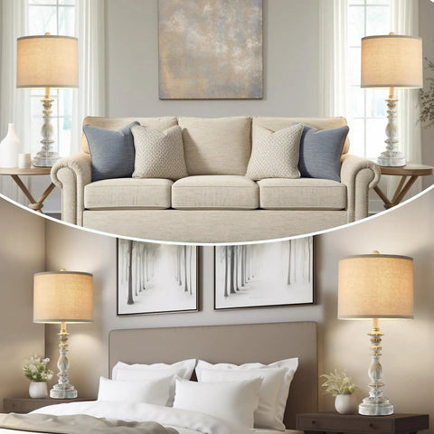 Living room and bedroom setup with farmhouse table lamps set of 2 with 3 way dimming, vintage bedside lamps in white finish with USB A and C ports