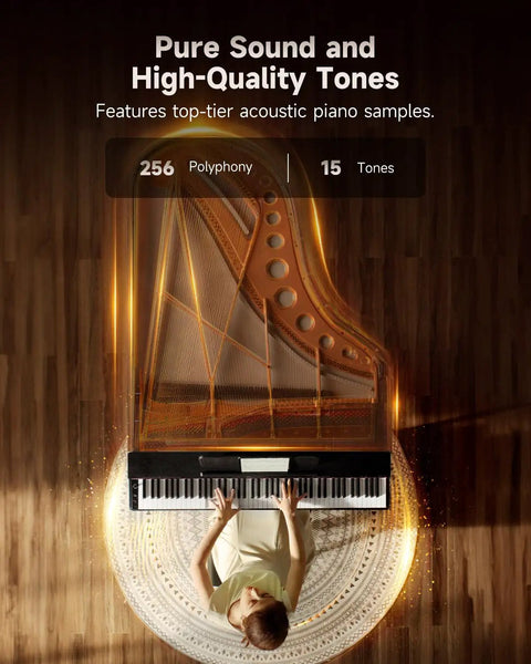 Top view of OURA S100 88 Key Graded Hammer Action Digital Piano With Bluetooth, woman playing with overlay of internal strings.