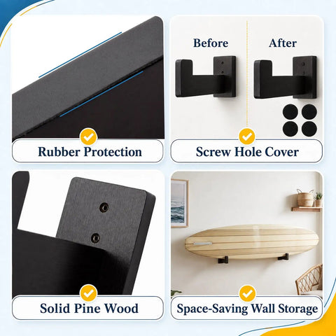 Premium Solid Pine Wood Wall Mount Surfboard Rack Hanging System showing rubber protection and screw hole cover for space-saving storage.