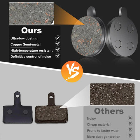 Comparison of four pack semi metal disc brake pads for 10 inch electric scooters vs others, highlighting noise control and durability