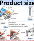 Product size diagram for Two In Ten Out Lever Terminal Block Kit Seven Pack With DIN Rail And Screw Mounts.