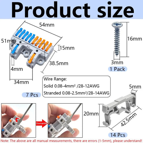 Product size diagram for Two In Ten Out Lever Terminal Block Kit Seven Pack With DIN Rail And Screw Mounts.