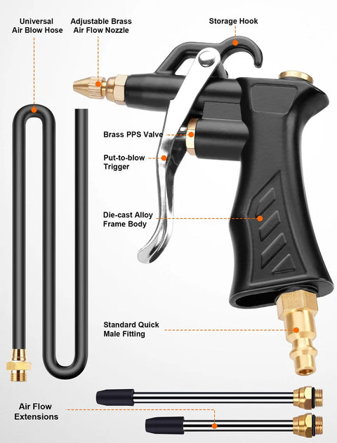 Must Have Heavy Duty Air Blow Gun With Brass Adjustable Nozzle, Pneumatic Blower Kit, showing components and features