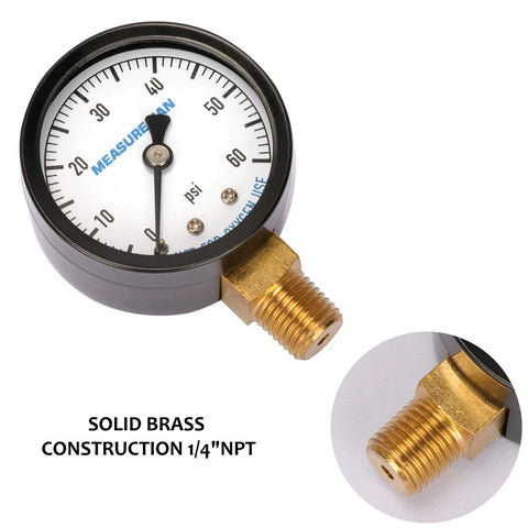 Front view: Measureman 2-inch dry/utility pressure gauge with 1/4-inch NPT brass lower mount, white dial 0-60 psi.
