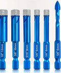Heavy Duty 6 Pack Blue Dry Diamond Core Drill Bits With Hex Shank Hole Saw in various sizes for drilling ceramic and granite.