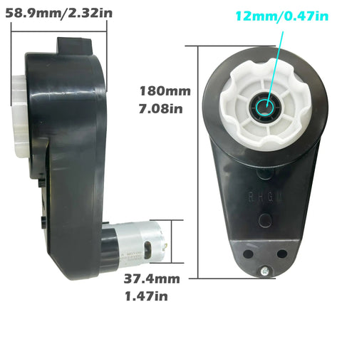 Two Pack 12V RS550 High Speed Gearbox Motors For Ride On Toys with dimensions and black coupler detail