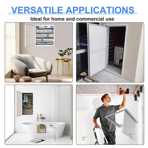 Slick Lockable Access Door With Paintable Finish And Concealed Hinges For Drywall Or Ceiling Panels installed in various settings.