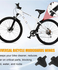 Universal Mountain Bike Mud Guards Front And Rear Set With 12 Ties Adjustable Fork Guards shown on a white mountain bike.