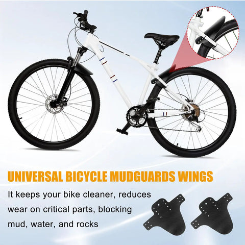 Universal Mountain Bike Mud Guards Front And Rear Set With 12 Ties Adjustable Fork Guards shown on a white mountain bike.