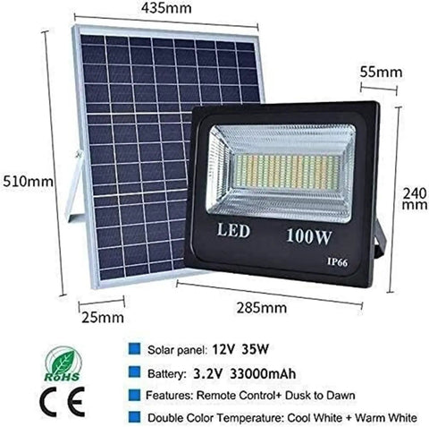 JUDYSSY Led Floodlight 100W Led Solar Flood Lights featuring a solar panel and adjustable LED light, dimensions labeled.
