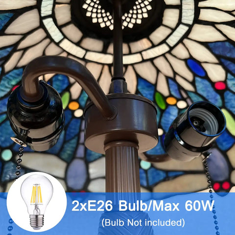 Interior view of the Sea Blue Dragonfly Tiffany Style Stained Glass Desk Lamp, bulb sockets visible, for home office or living room.
