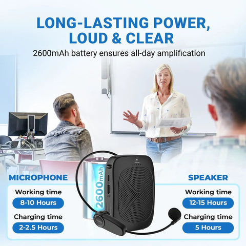 Powerful Wireless Voice Amplifier With Headset Mic For Classrooms Portable Bluetooth PA System 15W Speaker Delivers Loud Clear Sound Across Big Spaces Perfect For Teachers Lectures And Presentations with long battery life, shown during class.