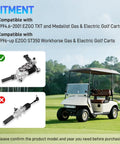Golf Cart Steering Gear Box Assembly And Steering Rack Replacement Fits TXT Medalist 1994.6 Through 2001 And ST350 Workhorse 1996 And Up Gas Or Electric Models Replaces 70314G01 70314G02 70723G02 shown with compatible and incompatible options next to a golf cart on grass.